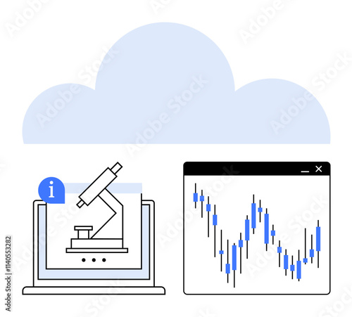 Cloud backdrop, laptop displaying a microscope, and chart with data points. Ideal for research, data analysis, cloud computing, technology, science education and information visualization. Line