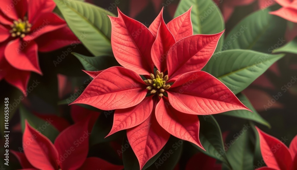 A vibrant close-up of a red poinsettia flower surrounded by green leaves. A vibrant close-up of a red poinsettia flower surrounded by green leaves.