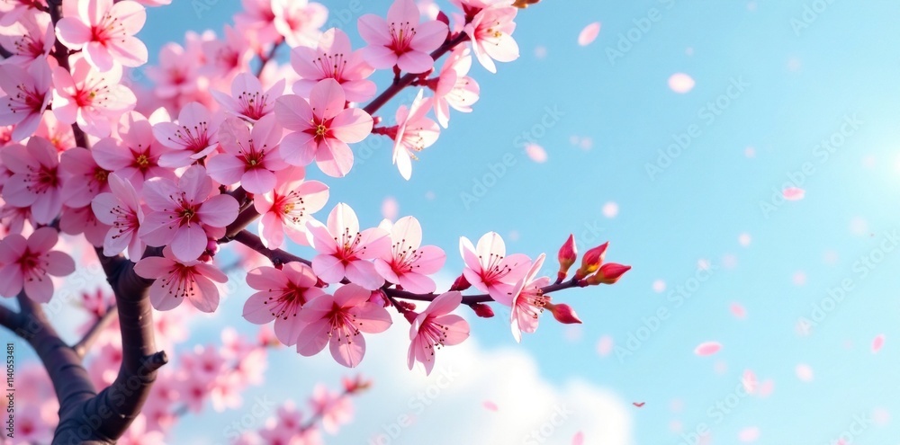 Delicate cherry blossoms in a pink tree against a soft blue sky, blooming, pink cherry blossom isometric pixel art