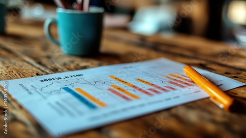 Business analysis chart on wooden table with coffee cup and pen during work s...