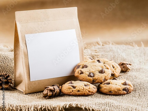 Eco-friendly kraft cookie pouch with a blank label, positioned on a burlap fabric surface with natural elements photo