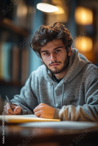 Young man studying intently in a cozy library setting during evening hours