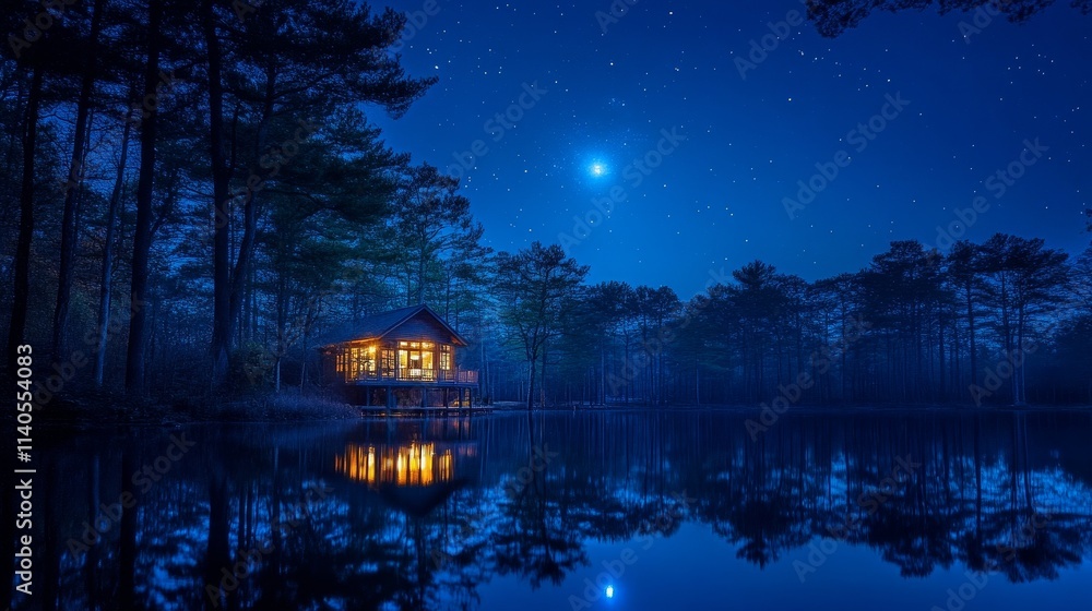 Fototapeta premium A serene lakeside cabin illuminated at night under a starry sky.