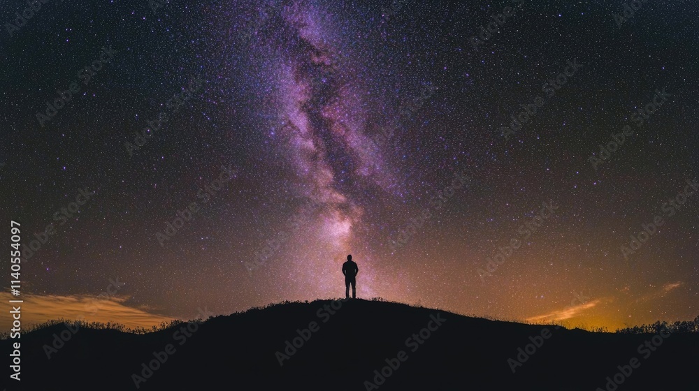 Person standing on hilltop gazing at stars and Milky Way galaxy in night sky. Silhouette of man against dark starry sky with purple orange hues. Person standing on hilltop gazing at stars and Milky Way galaxy in night sky. Silhouette of man against dark starry sky with purple orange hues.