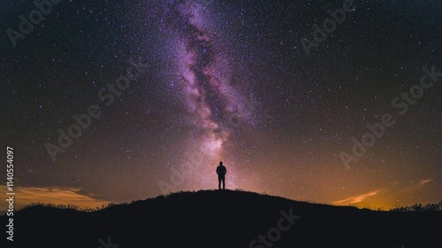 Person standing on hilltop gazing at stars and Milky Way galaxy in night sky. Silhouette of man against dark starry sky with purple orange hues.