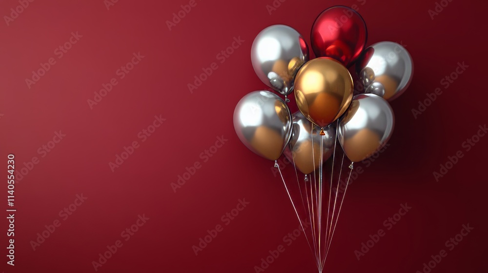 Bunch of colorful metallic balloons floating on red background Bunch of colorful metallic balloons floating on red background