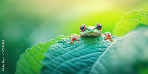 A vibrant green tree frog sitting on a fresh leaf, surrounded by lush greenery, symbolizing nature and wildlife in close-up view. photo