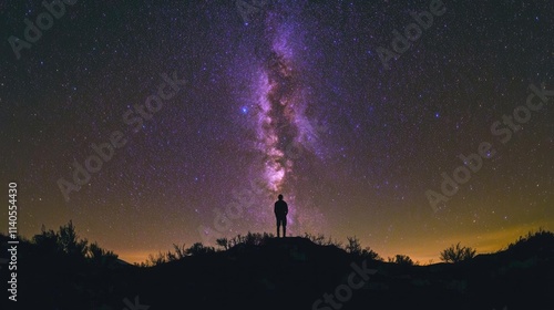 Person standing on hilltop gazing at stars and Milky Way galaxy in night sky. Silhouette of man against dark starry sky with purple orange hues.