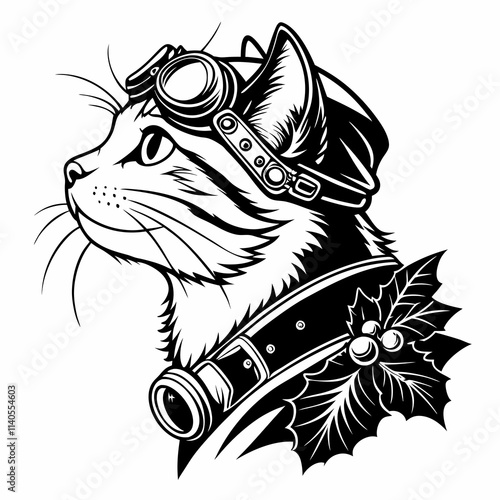 Steampunk Christmas Cat Black silhouette