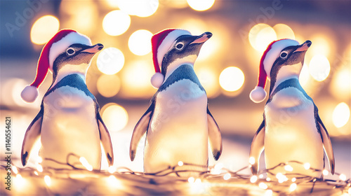 Three penguins wear Santa hats and stand on sparkling holiday lights, radiating festive joy. The scene conveys a playful Christmas theme with cute animals. photo