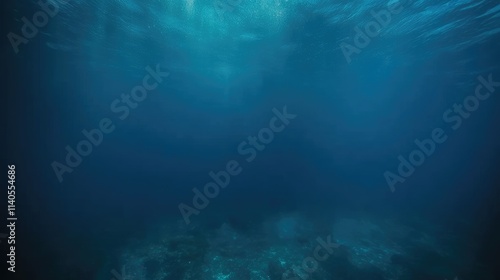 Cinematic underwater shot of deep blue ocean viewed from below. Camera angles up towards surface with faint light filtering through water, conveying vastness, depth, tranquility