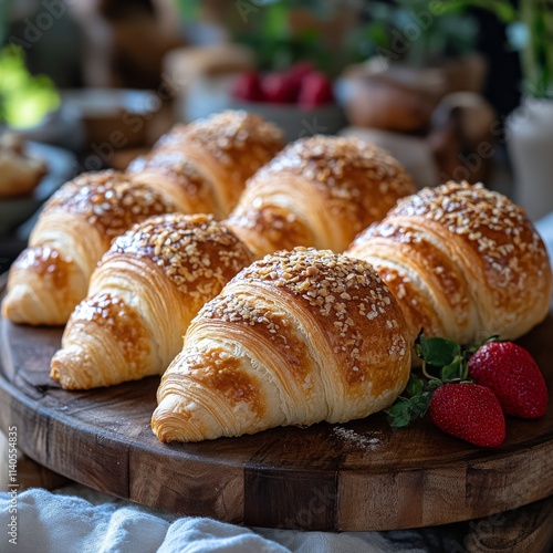 Freshly baked croissants with strawberries on a rustic wooden platter in a co...