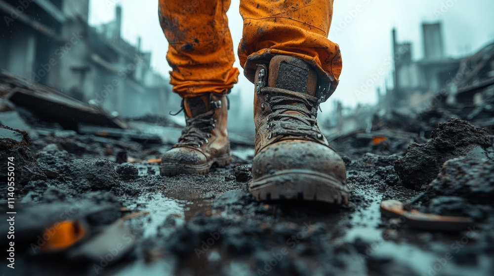 Firefighter walking through debris after devastating fire Firefighter walking through debris after devastating fire