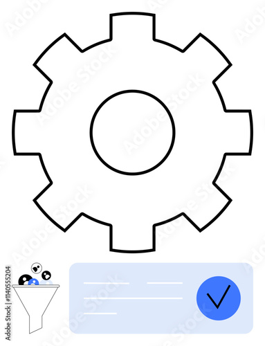 Gear symbolizing operations, funnel filtering items, and completion check mark. Ideal for process management, efficiency, optimization, business, productivity industrial concepts workflow. Line