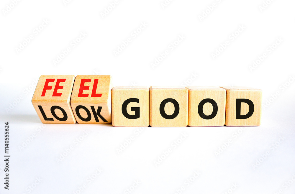 Look and feel good symbol. Concept words Look good Feel good on wooden cubes. Beautiful white table white background. Healthy lifestyle look and feel good concept. Copy space. Look and feel good symbol. Concept words Look good Feel good on wooden cubes. Beautiful white table white background. Healthy lifestyle look and feel good concept. Copy space.