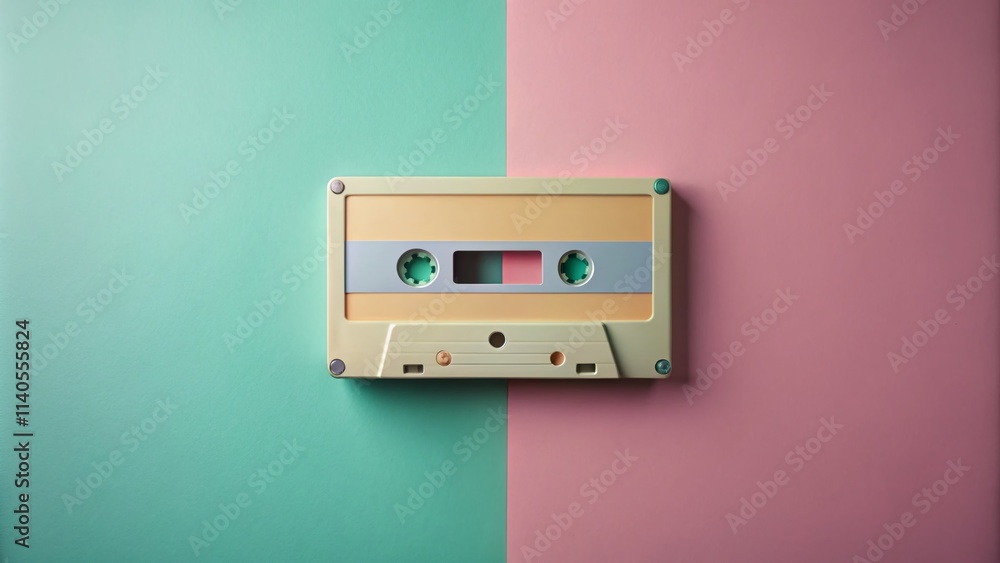 Fototapeta premium Minimalist Cassette Tape Photography: Retro Music, Vintage Audio, 80s Aesthetic, Analog Sound, Music Background, Simple Design, Clean Lines, Geometric Shapes, Cassette Player