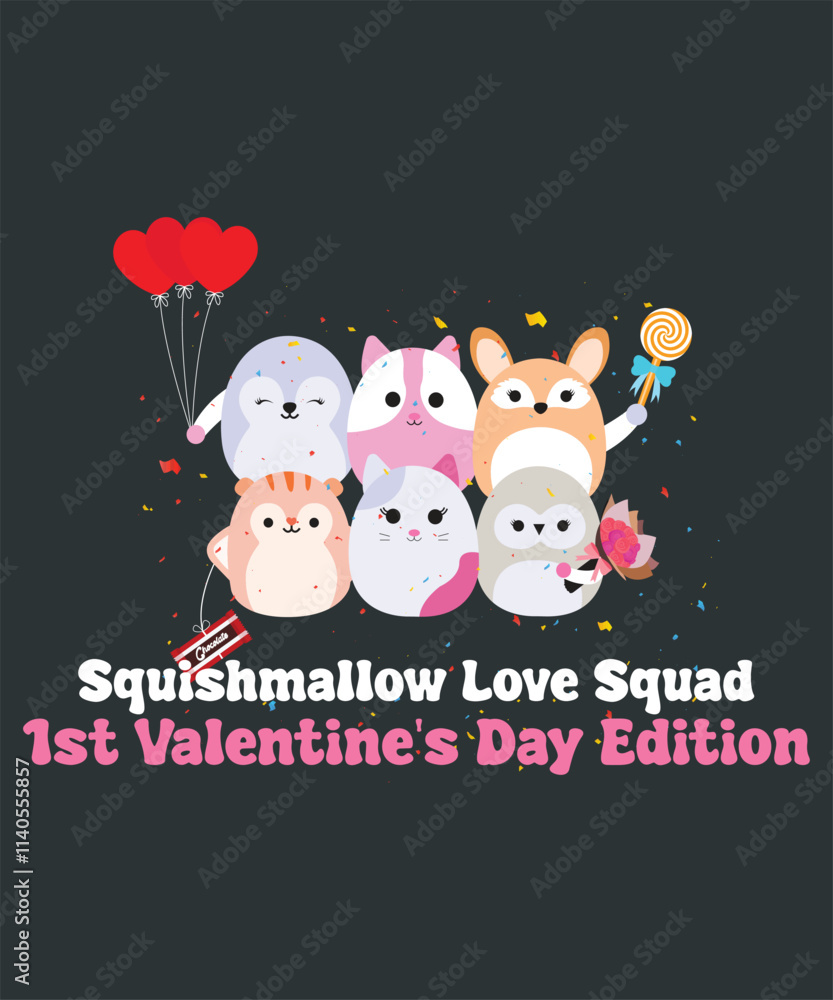Naklejka premium Squishmallow Love Squad 1st Valentine's Day Edition Vector Art Illustration For Home Decoration, Wall Art Presentation, T-shirt Printing and More.