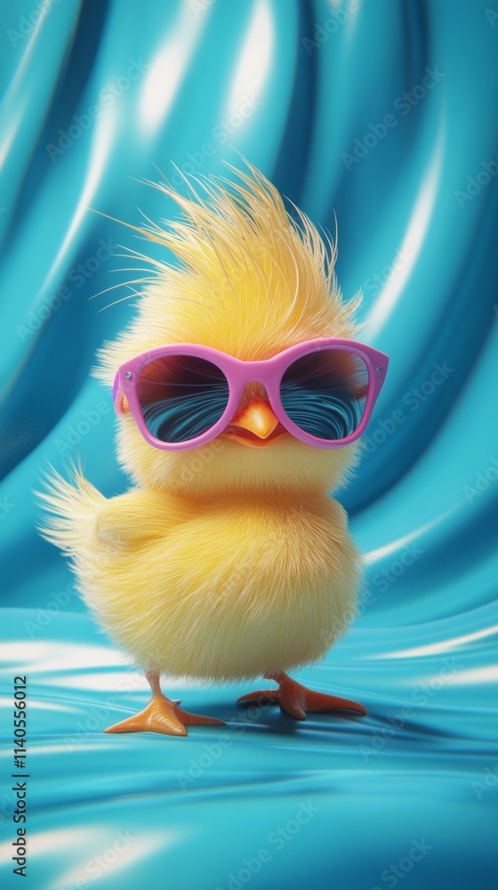 Fluffy chick wearing sunglasses on turquoise background Fluffy chick wearing sunglasses on turquoise background
