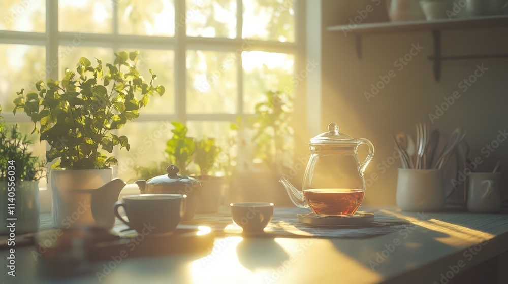 Sunlit Morning Tea Setting With Plants And Teapot Sunlit Morning Tea Setting With Plants And Teapot
