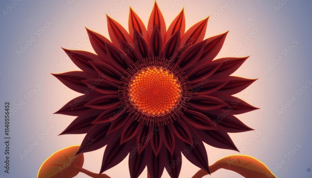 Fototapeta premium A vibrant, stylized sunflower with intricate petals and a glowing center against a soft background.