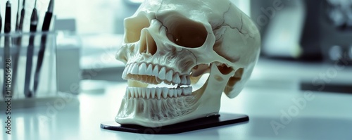 Plastic anatomical skull model sitting on dentist desk