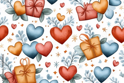 Valentines Day seamless pattern featuring hearts and gift boxes in soft colors for festive decor and designs. Generative AI