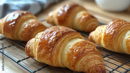 Freshly baked croissants on a wooden board in a cozy kitchen setting