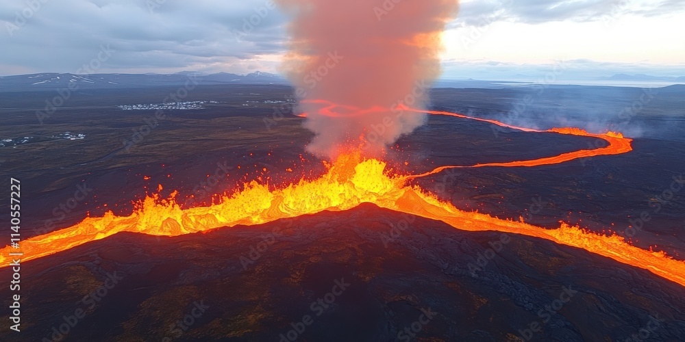 Majestic eruption of a volcano with vibrant lava flow and dramatic smoke billowing into the sky. Majestic eruption of a volcano with vibrant lava flow and dramatic smoke billowing into the sky.