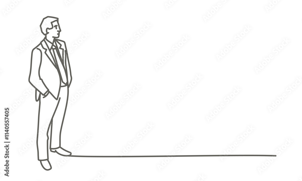 Man in a suit is standing in front of a wall. He is looking at something in the distance. Hand drawn vector illustration. Black and white. Man in a suit is standing in front of a wall. He is looking at something in the distance. Hand drawn vector illustration. Black and white.