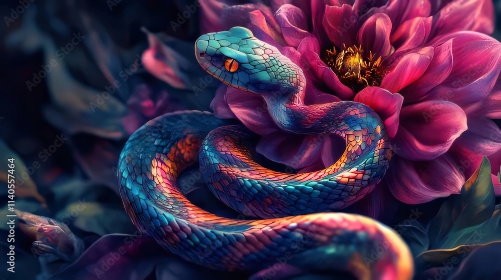 Vibrant snake coiled near a large, dark pink flower. Vibrant snake coiled near a large, dark pink flower.