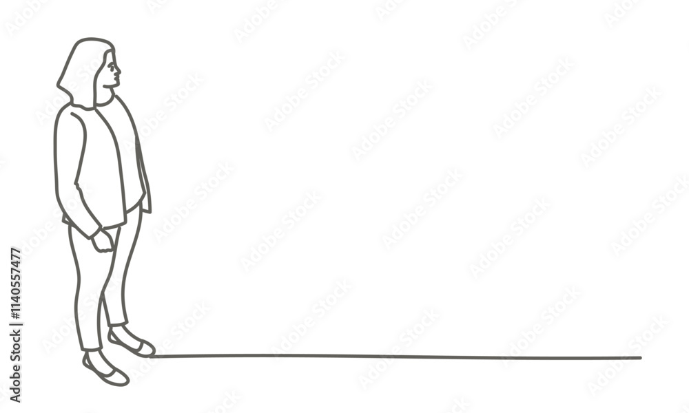 Woman stands in front of a wall, looking at something behind her. The image is in black and white, giving it a classic and timeless feel. Hand drawn vector illustration. Black and white. Woman stands in front of a wall, looking at something behind her. The image is in black and white, giving it a classic and timeless feel. Hand drawn vector illustration. Black and white.