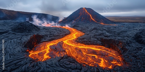A stunning view of a lava flow cascading down a volcanic landscape, with a smoking volcano in the background.
