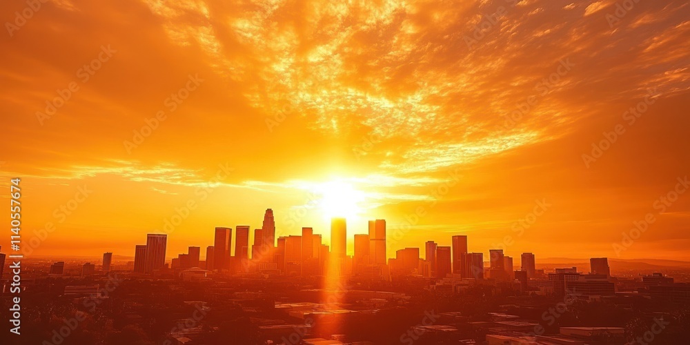 Golden sunset over a modern city skyline, creating a dramatic silhouette against vibrant orange clouds. Golden sunset over a modern city skyline, creating a dramatic silhouette against vibrant orange clouds.