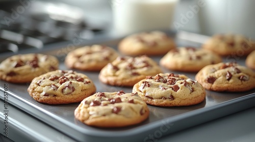 Delicious cookies cooling on a baking tray in a cozy kitchen environment