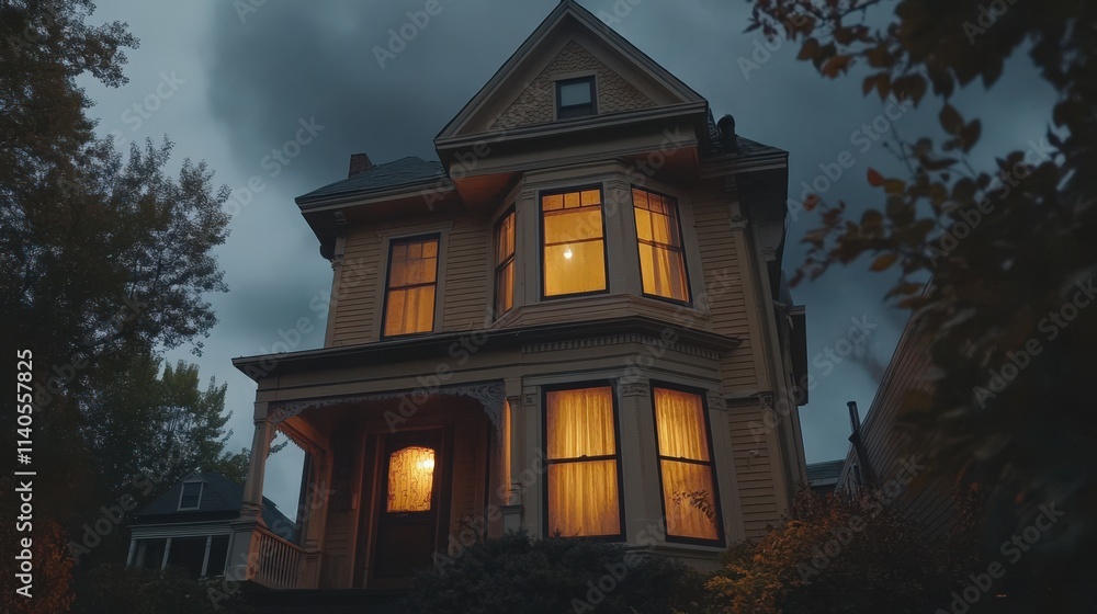 Victorian House Illuminated At Dusk Under Cloudy Skies Victorian House Illuminated At Dusk Under Cloudy Skies
