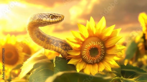 Snake coiled on sunflower at sunset.
