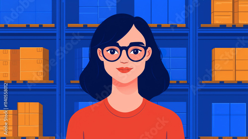 Friendly support agent in warehouse with colorful boxes behind