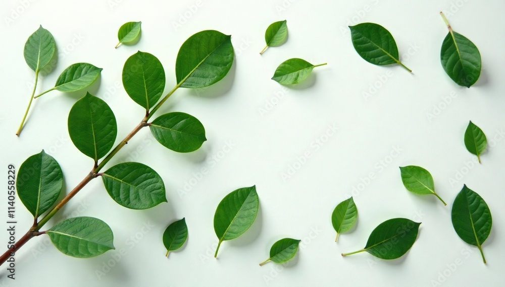 Fresh eucalyptus leaves scattered on a white surface, greenery, green Fresh eucalyptus leaves scattered on a white surface, greenery, green