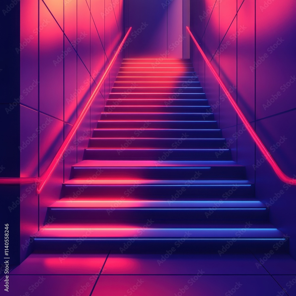Fototapeta premium A vibrant staircase illuminated with pink and blue neon lights, leading into a mysterious atmosphere.