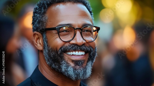 Smiling man in glasses enjoys a sunny outdoor gathering at a celebration in t...