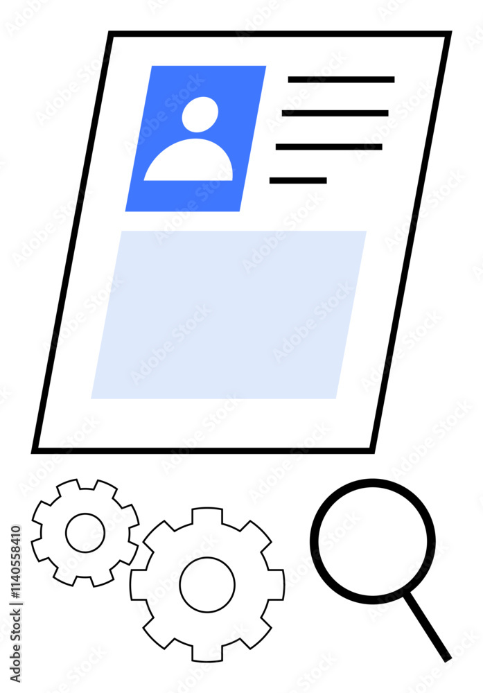 Profile page layout, magnifying glass, and two gears. Ideal for recruitment, resume analysis, job applications, HR processes, digital documentation SEO optimization software development. Line Profile page layout, magnifying glass, and two gears. Ideal for recruitment, resume analysis, job applications, HR processes, digital documentation SEO optimization software development. Line