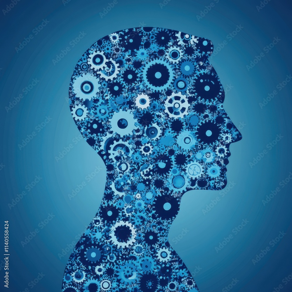 A male silhouette filled with intricate blue gears, symbolizing innovation and technology. A male silhouette filled with intricate blue gears, symbolizing innovation and technology.