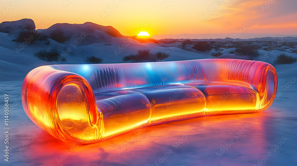 Fototapeta premium Glowing Glass Sofa at Sunset 3D Illustration