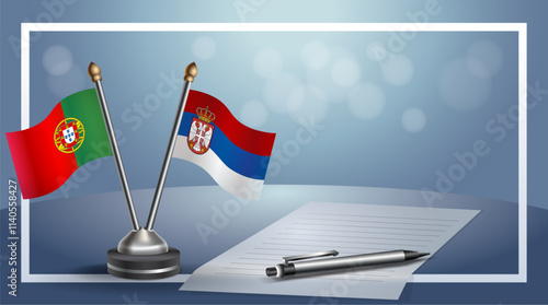 Portugal and Serbia National flags on small table with bokeh background, cooperative relationship