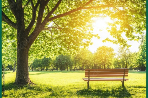 Serene Park Scene With Sunlight Streaming Through Lush Green Leaves Nearby Wooden Bench in an Expansive Green Field Surrounded by Trees Offering a Peaceful Retreat photo