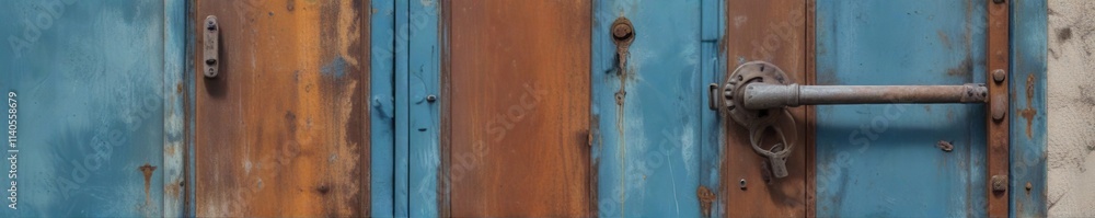Rusted blue metal door with distressed finish and worn-out handle , distressed, blue Rusted blue metal door with distressed finish and worn-out handle , distressed, blue