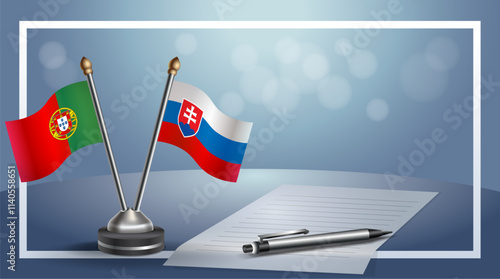 Portugal and Slovakia National flags on small table with bokeh background, cooperative relationship