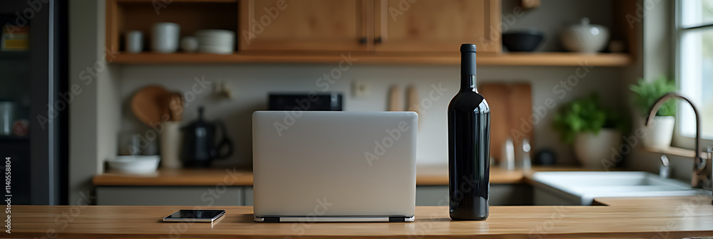 A modern laptop sits next to a blurred wine bottle on a cluttered kitchen counter bar._00004_ A modern laptop sits next to a blurred wine bottle on a cluttered kitchen counter bar._00004_