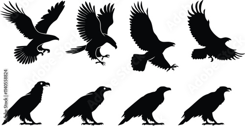 Eagle silhouette vector art set in different styles, using black color illustration design photo