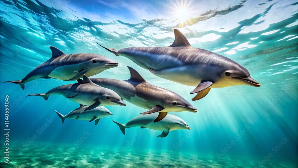 Obraz premium Minimalist Dolphin Family Photo: Ocean Wildlife, Marine Mammals, Underwater Scene, Cute Dolphins, Sea Life Photography